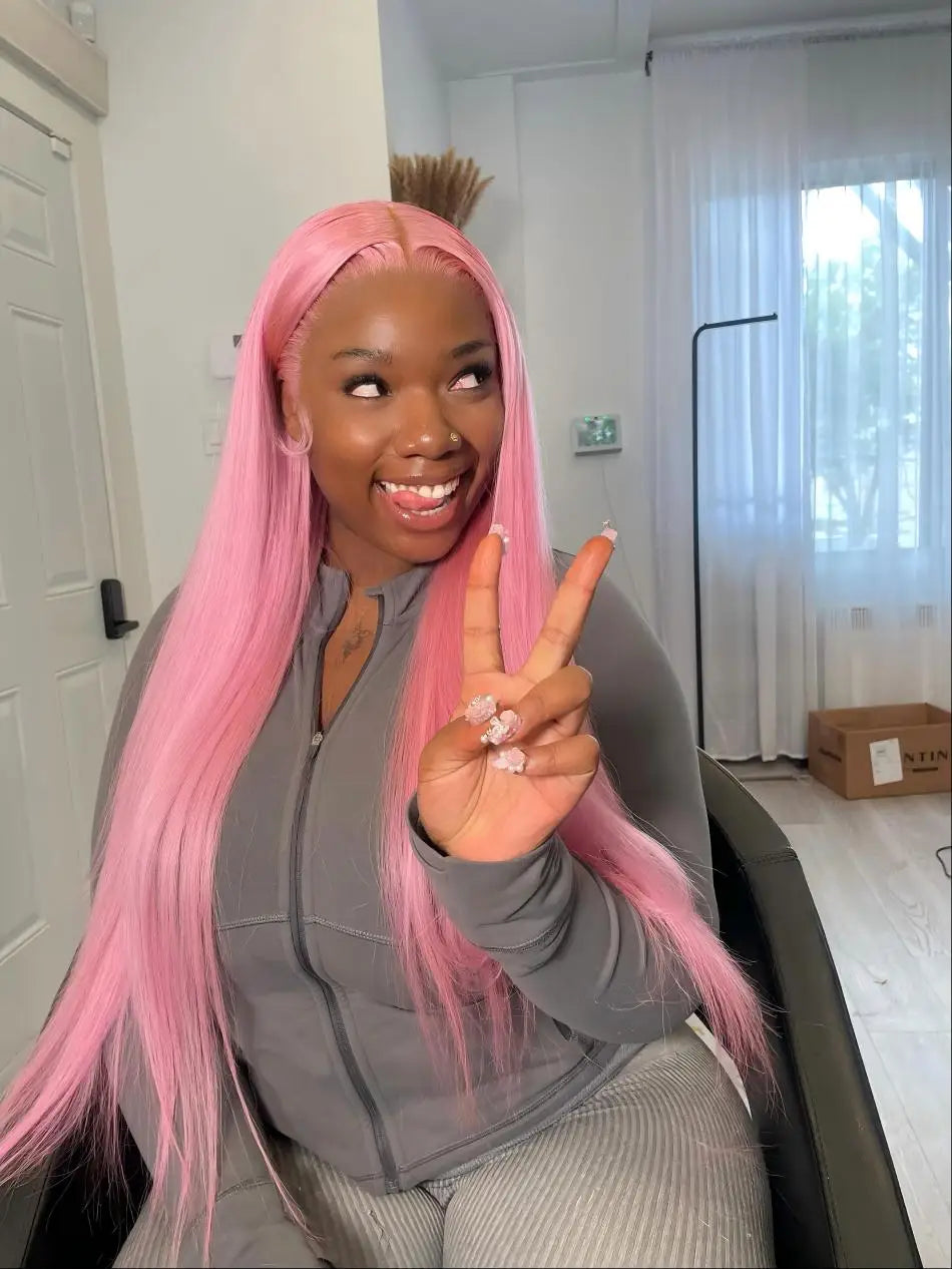 Pink Wig Straight Human Hair Wigs 13X6 Hd Lace Frontal Wig Transparent Lace Front Wig 220 Density Colored Brazilian Hair 30 Inch SANMAO Store 1104090548