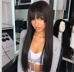 Natural Black Straight Human Hair Wig With Bangs For Women 30 34 Inch Brazilian 3x1 Lace Wigs Full Machine Made Wig Curvique Beauty Store ID 1105166499