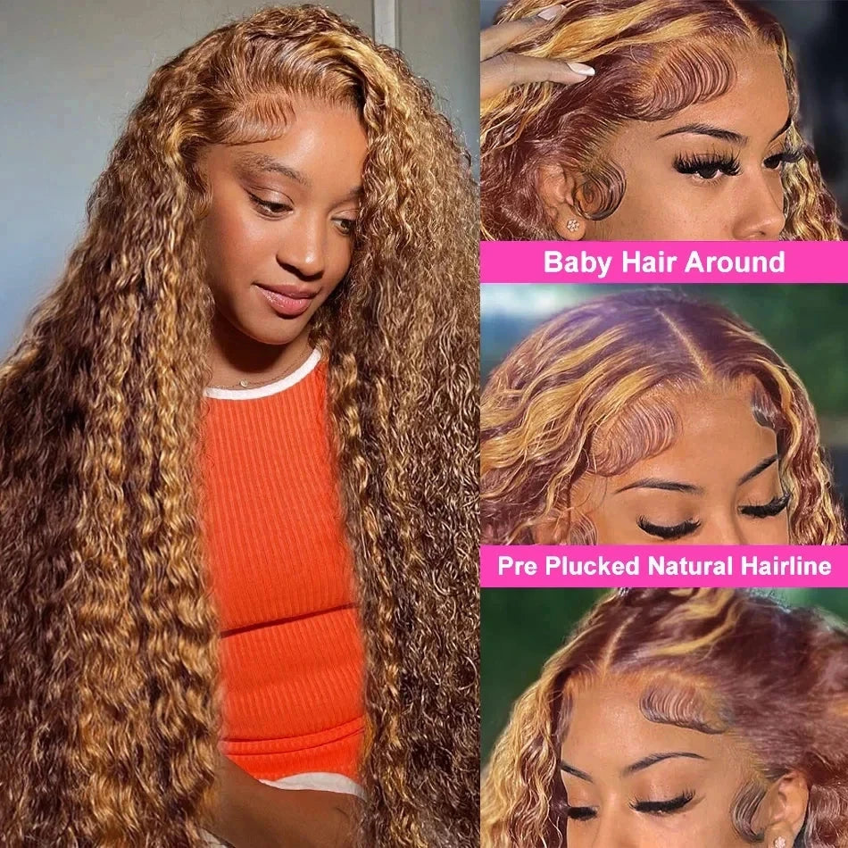 Curly Highlight Wig Human Hair HD Invisi-Strap 360 Full Lace Wig Pre Plucked 13x4 13x6  Deep Wave Lace Frontal Wigs For Women Finros Wig Store 1103412007