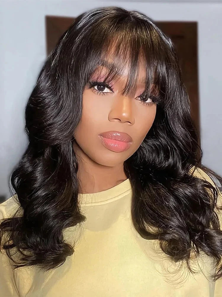 Chic Body Wave Bob Wigs With Bangs Human Hair Wigs 180% Density Glueless Full Machine Made Peruvian Remy None Lace Fringe Wig Wig Queen US Store Store ID 1103587128