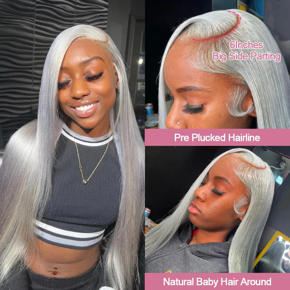 Silver Grey Straight Wigs Human Hair Vietnamese 220% Density 13x6 HD Lace Frontal Colored Wig 38 Pre Plucked With Baby Hairline Line Hair Oversea Store Store ID 1103579756