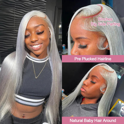 Silver Grey Straight Wigs Human Hair Vietnamese 220% Density 13x6 HD Lace Frontal Colored Wig 38 Pre Plucked With Baby Hairline Line Hair Oversea Store Store ID 1103579756