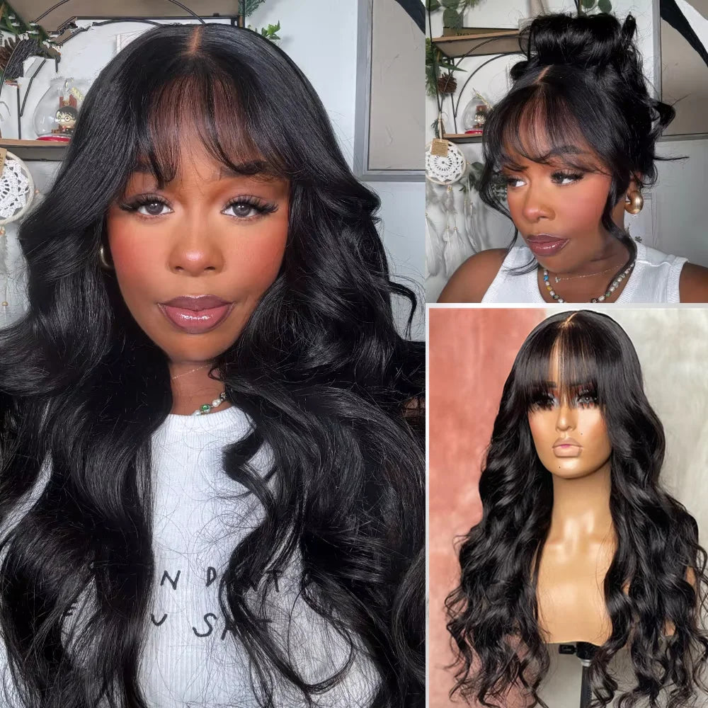 3x1 Lace Middle Part Body Wave Human Hair Wig With Bangs Brazilian Remy Loose Wave Machine Made Fringe Wig For Women on Sale Finros Wig Store 1103412007