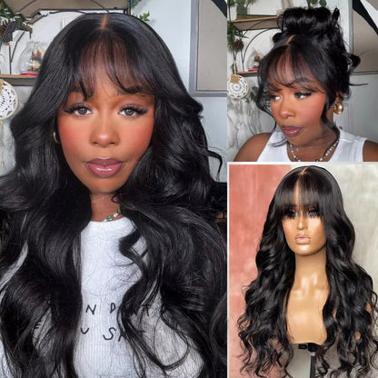 3x1 Lace Middle Part Body Wave Human Hair Wig With Bangs Brazilian Remy Loose Wave Machine Made Fringe Wig For Women on Sale Finros Wig Store 1103412007