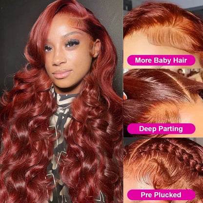 Body Wave Reddish Brown 200% Density 13x6 Frontal Wig Brazilian Virgin Hair HD Transparent Lace wig Pre plucked Hair Front Wig Wig Queen US Store Store ID 1103587128