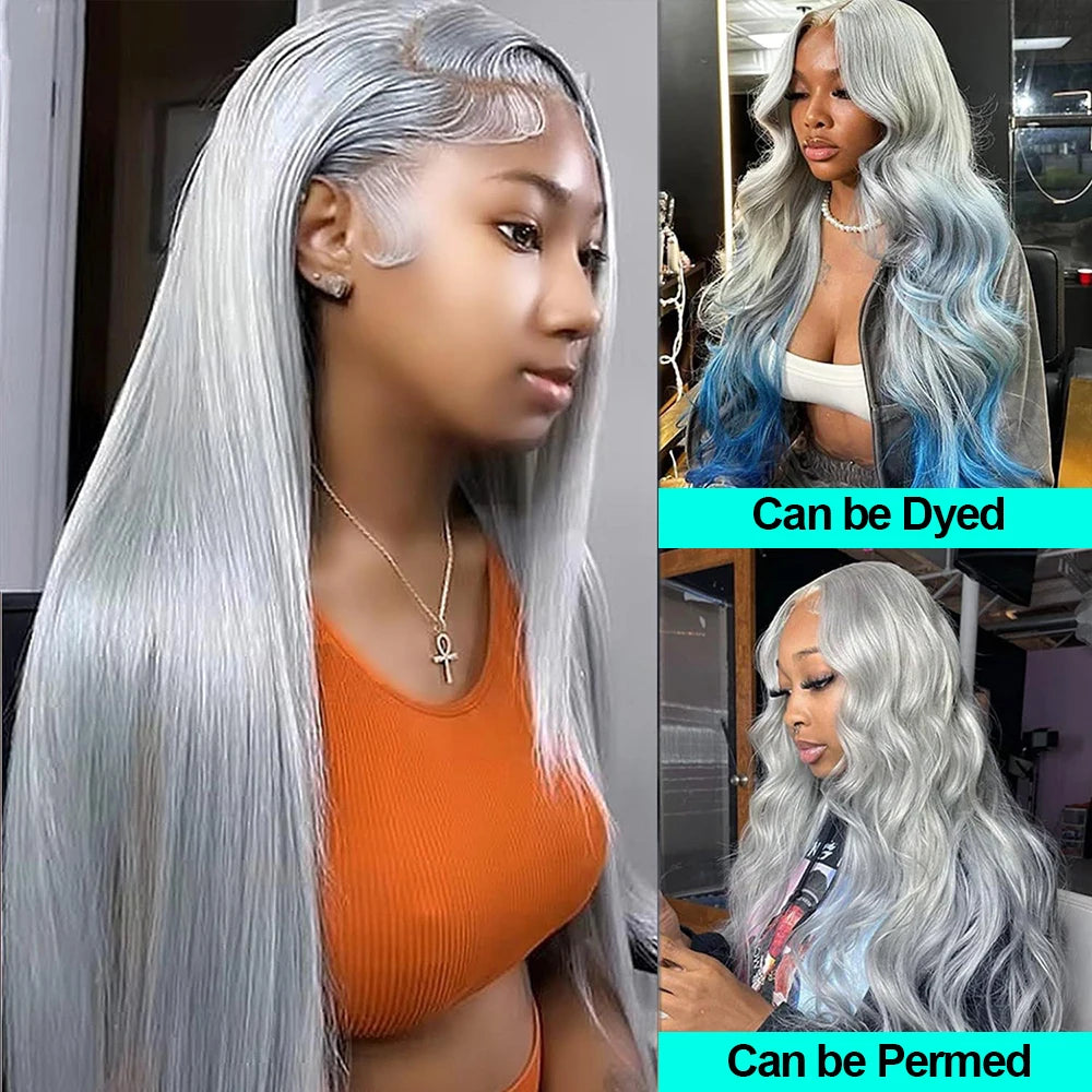 38 Inche Silver Grey Straight Lace Front Wig 100% Human Hair 613 Colored HD Transparent 13x6 Lace Frontal Wigs Cosplay Pre Pluck Fiquetel US Store Store ID 1104072973