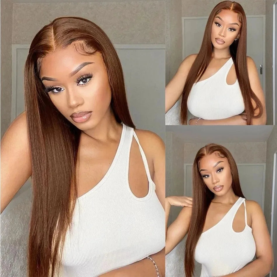 Chocolate Lace 4X4 Straight Lace Front Wig Brazlian Human Hair Wigs Chocolate Brown Transparent Brown Colored Lace Closure Wig Wig Queen US Store Store ID 1103587128
