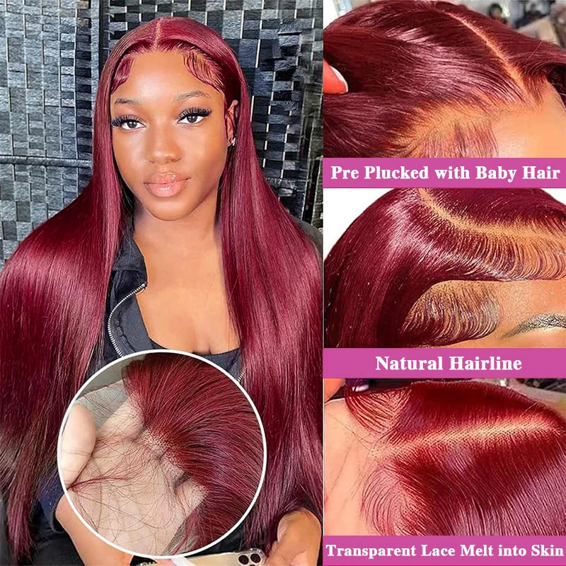 99j Burgundy Bone Straight Lace Front Human Hair Wig 36 Inch 13x6 Pre Plucked Premium Red Straight Lace Frontal Human Hair Wig Sierde Hair Store Store ID 1104033622