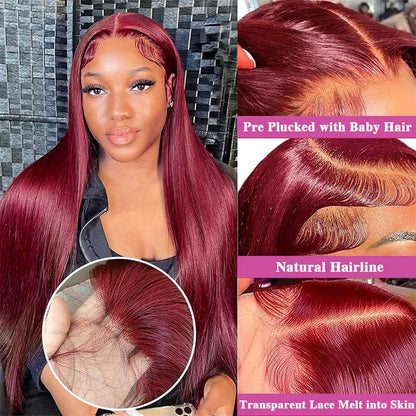 99j Burgundy Bone Straight Lace Front Human Hair Wig 36 Inch 13x6 Pre Plucked Premium Red Straight Lace Frontal Human Hair Wig Sierde Hair Store Store ID 1104033622