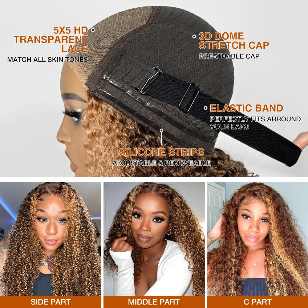 Glueless Wigs Deep Wave Honey Blonde 100% Human Hair Pre Cut Highlight Wear and Go Curly Wigs for Women Ombre HD Lace Front Wig Inksoda Hair Store 1104801055