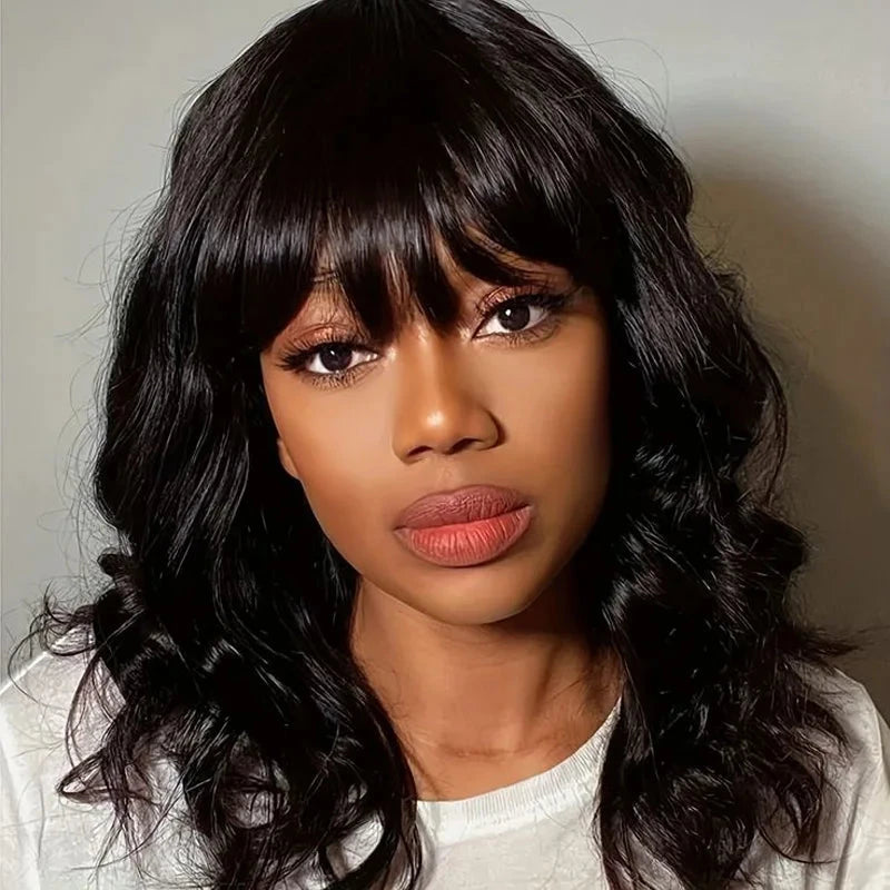Chic Body Wave Bob Wigs With Bangs Human Hair Wigs 180% Density Glueless Full Machine Made Peruvian Remy None Lace Fringe Wig Wig Queen US Store Store ID 1103587128