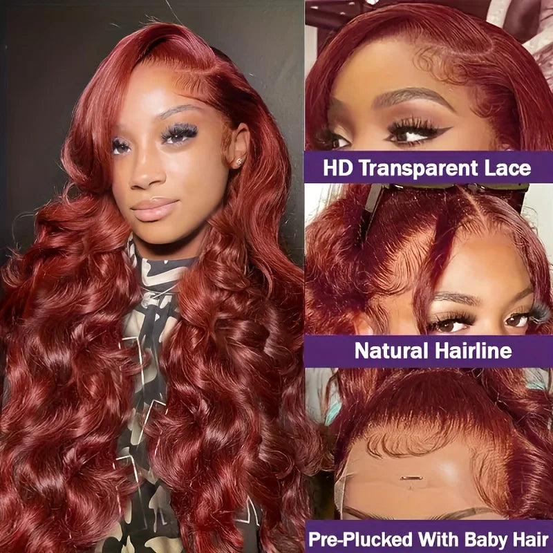 13x4 Red Brown Body Wave 200 Density Frontal Glueless Wig Brazilian Virgin Hair HD Transparent Lace Pre plucked Human Hair wigs Wig Queen US Store Store ID 1103587128