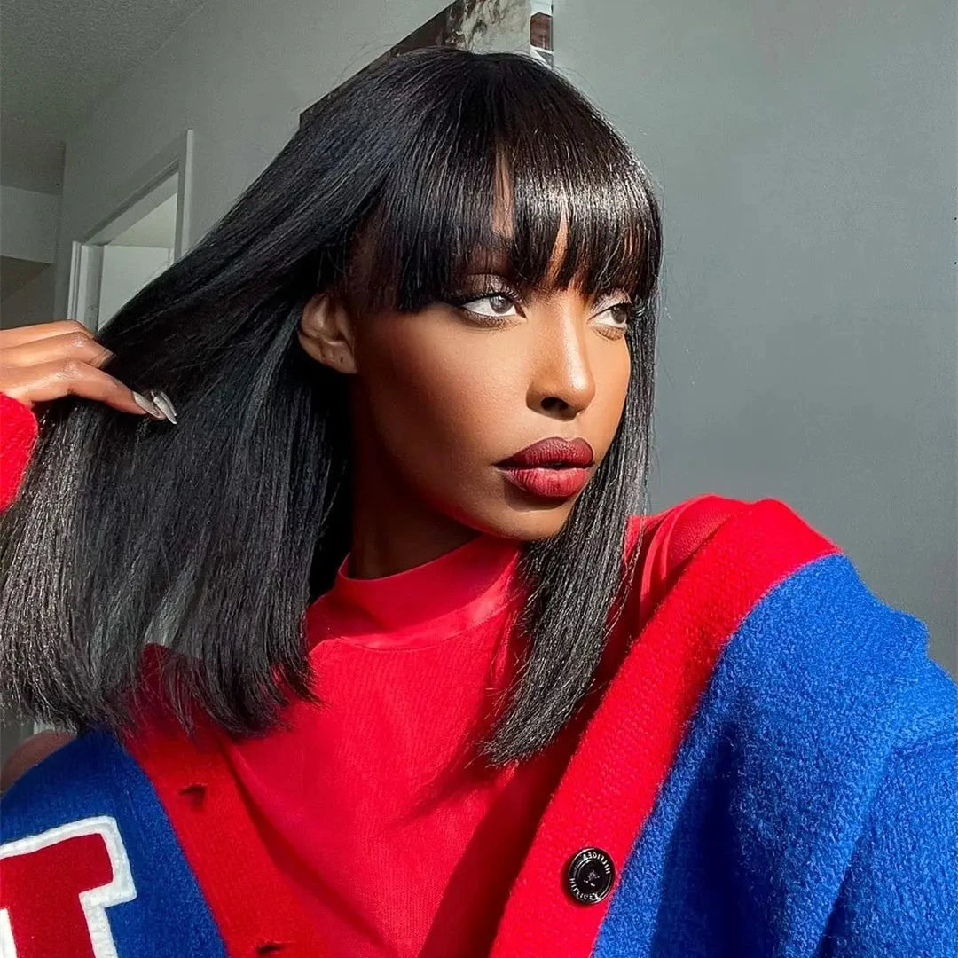 Cheap Straight Short Bob Wigs Human Hair With Bangs Brazilian Remy 3x1 Lace Middle Part Bob Wig for Women Full Machine Made Wig Finros Wig Store 1103412007