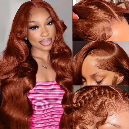 13x4 Red Brown Body Wave 200 Density Frontal Glueless Wig Brazilian Virgin Hair HD Transparent Lace Pre plucked Human Hair wigs Wig Queen US Store Store ID 1103587128