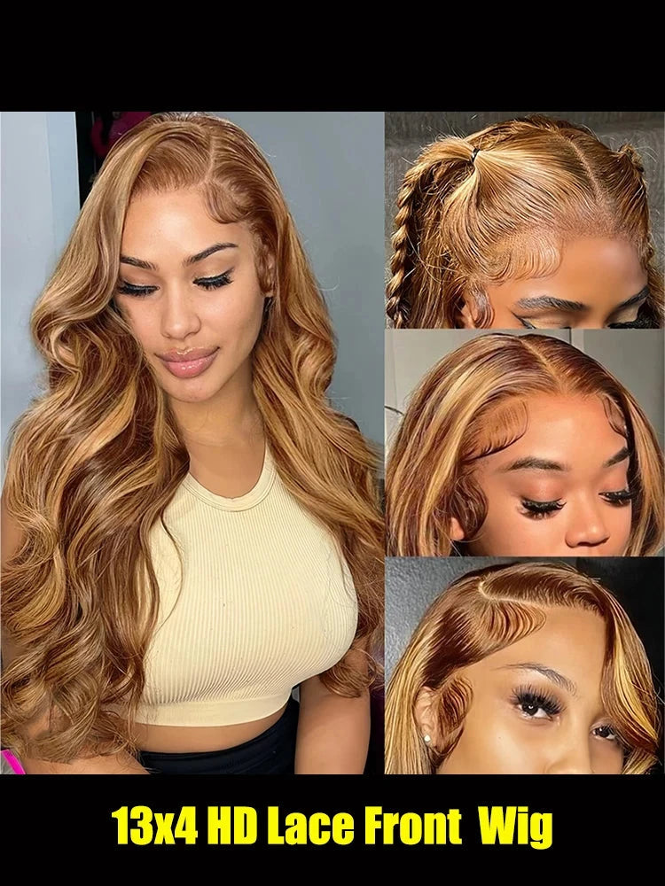 Body Wave Highlight Wigs Human Hair 13x6 hd Omber Lace Front Human Hair Pre Plucked Wig P4/27 Blonde and Brown Colored Wig 100% Lowell Lace Wig Store 1105062522