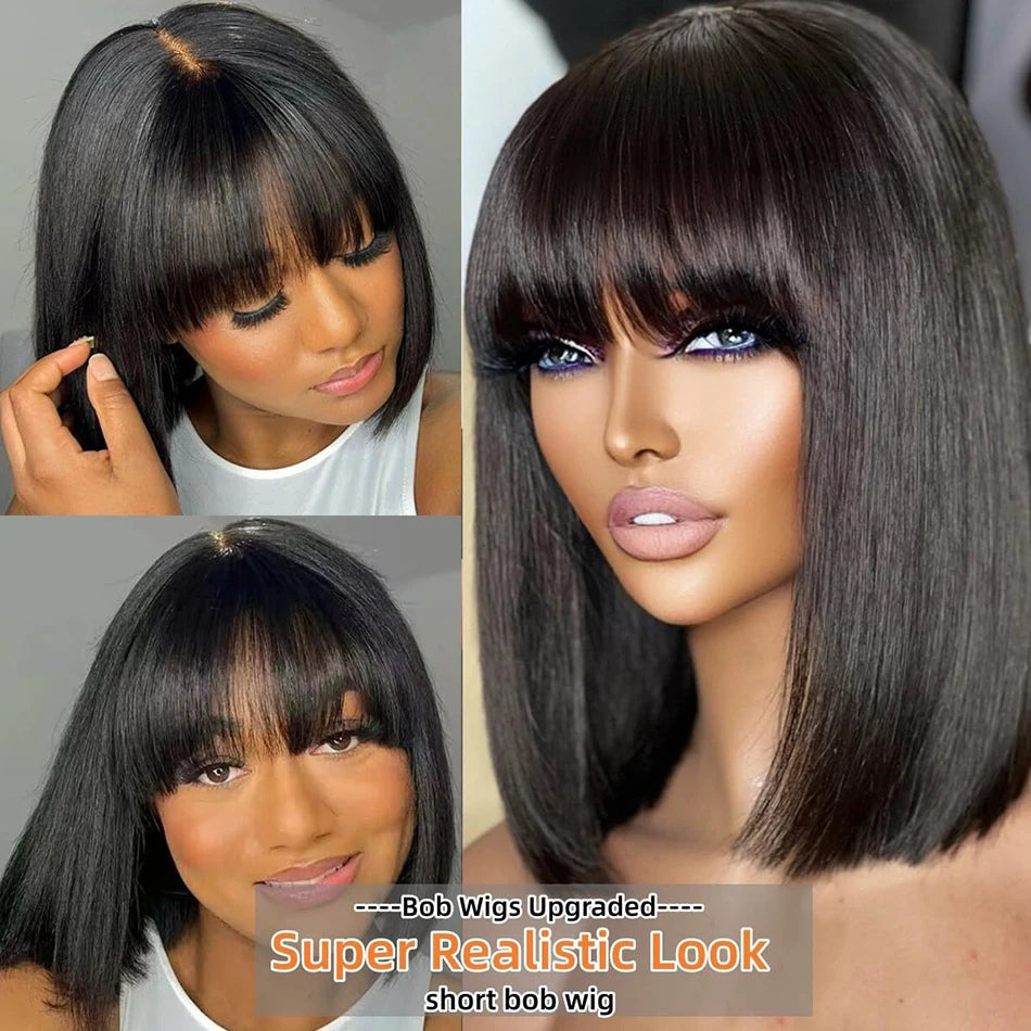 Wiggogo 3X1 Middle Part Lace Wig Bob Wigs Full Machine Made Bone Straight Human Hair Wigs With Bangs Short Bob Human Hair Wigs Wiggogo US Store Store ID 1103570610