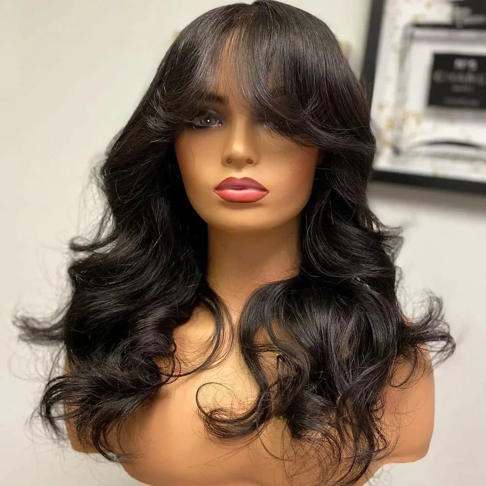 Chic Body Wave Bob Wigs With Bangs Human Hair Wigs 180% Density Glueless Full Machine Made Peruvian Remy None Lace Fringe Wig Wig Queen US Store Store ID 1103587128