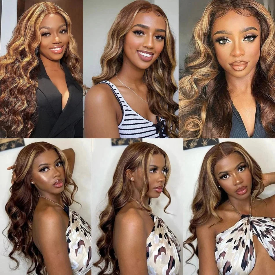 Body Wave Highlight Wigs Human Hair 13x6 hd Omber Lace Front Human Hair Pre Plucked Wig P4/27 Blonde and Brown Colored Wig 100% Lowell Lace Wig Store 1105062522