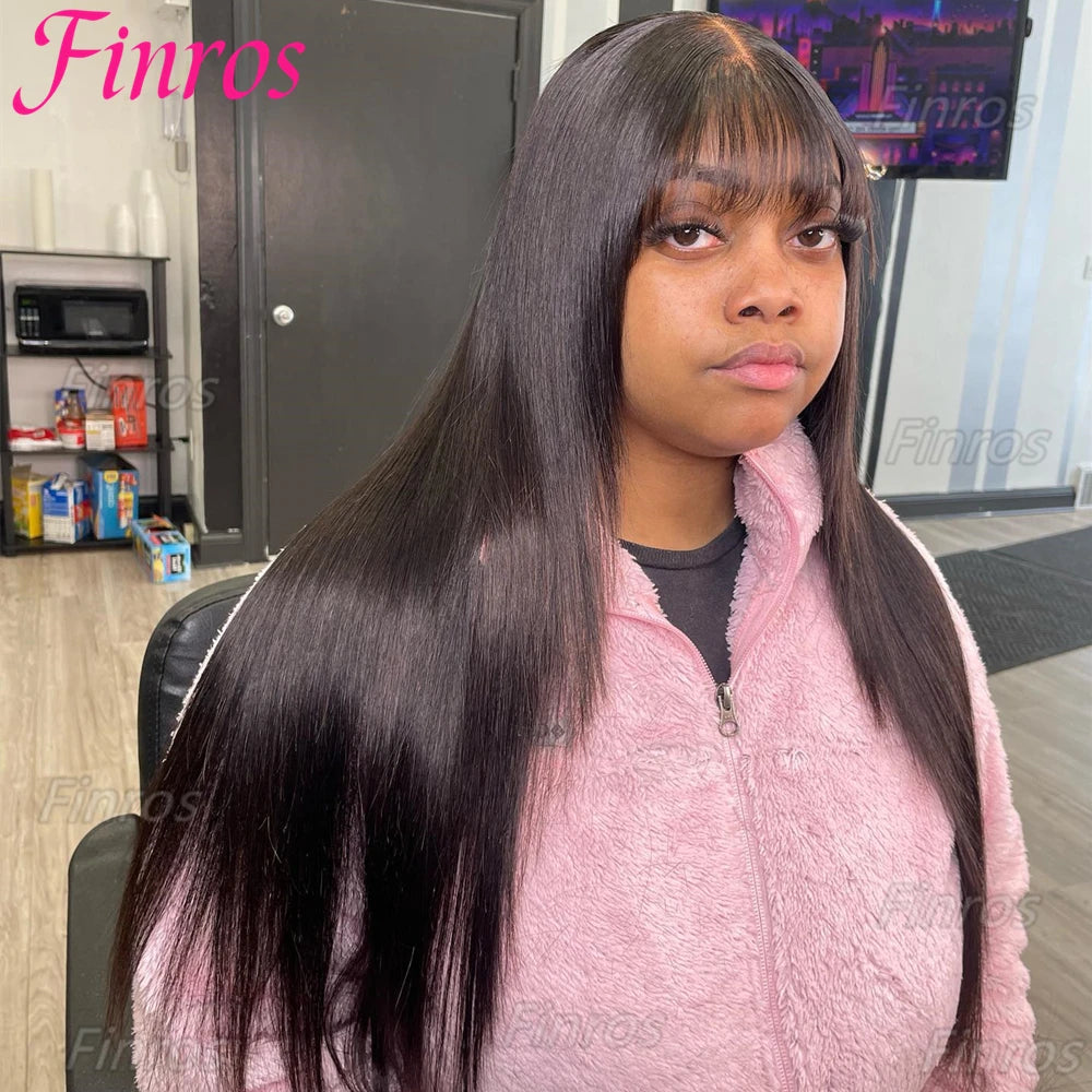 3x1 Middle Part Lace Wig Straight Human Hair Wig With Bangs 100% Human Hair Wigs For Women Brazilian Full Machine Made Wig Finros Wig Store 1103412007