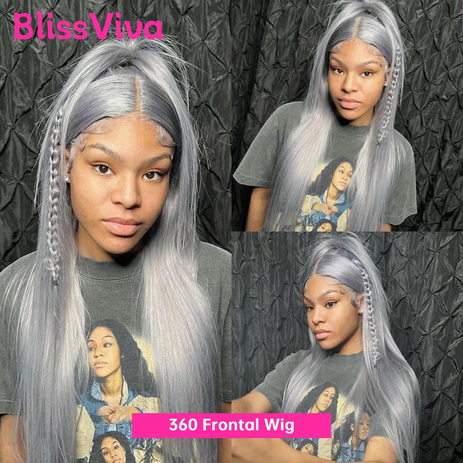 Ash Grey 13x6 360 Lace Frontal Wig Straight 30 Inch Lace Front Wig Human Hair Pre Plucked Silver Gray Lace Front Wigs Human Hair BlissViva Hair Store 1103372311