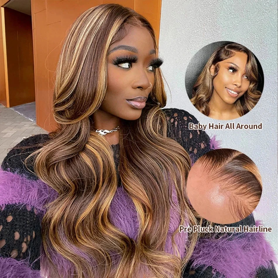 Body Wave Highlight Wigs Human Hair 13x6 hd Omber Lace Front Human Hair Pre Plucked Wig P4/27 Blonde and Brown Colored Wig 100% Lowell Lace Wig Store 1105062522