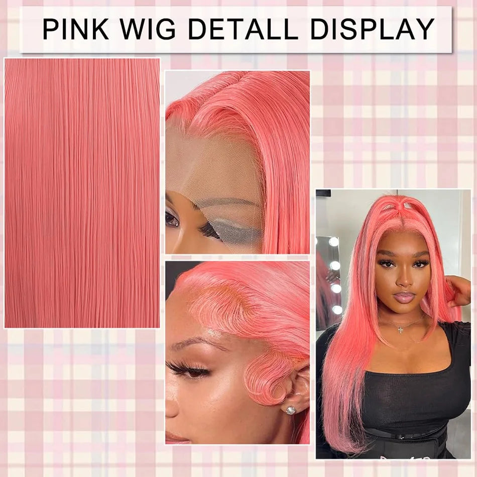 Pink Wig Straight Human Hair Wigs 13X6 Hd Lace Frontal Wig Transparent Lace Front Wig 220 Density Colored Brazilian Hair 30 Inch SANMAO Store 1104090548