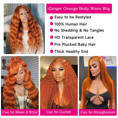 Orange Ginger Lace Front Wigs Human Hair Body Wave 13x6 HD Lace Frontal Wig Colored Brazilian Hair Wig 13x4 Transparent Lace Wig HEYJU Hair US Store Store ID 1103597371