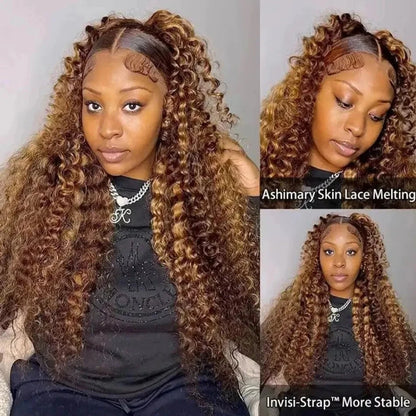 360 Full Lace Wig 427 Highlight Wig Human Hair Deep Wave Frontal Wig Honey Blonde 13X4 Curls Wigs Lace Front Frontal 250 Density SIXQUEEN Wig Store Store ID 1104602052