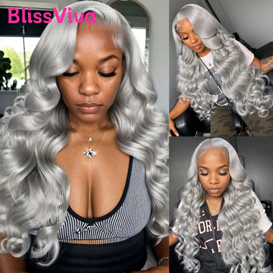 Grey Body Wave Lace Front Wig 13x6 360 Lace Front Wig Human Hair Lace Frontal Wig Brazilian Silver Grey Colored Human Hair Wigs BlissViva Hair Store 1103372311