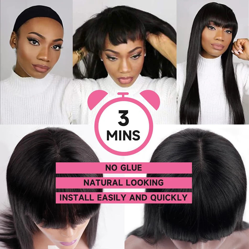 Natural Black Straight Human Hair Wig With Bangs For Women 30 34 Inch Brazilian 3x1 Lace Wigs Full Machine Made Wig HairStar Wigs