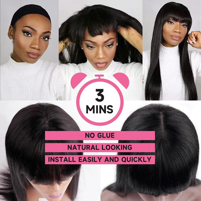 Natural Black Straight Human Hair Wig With Bangs For Women 30 34 Inch Brazilian 3x1 Lace Wigs Full Machine Made Wig HairStar Wigs