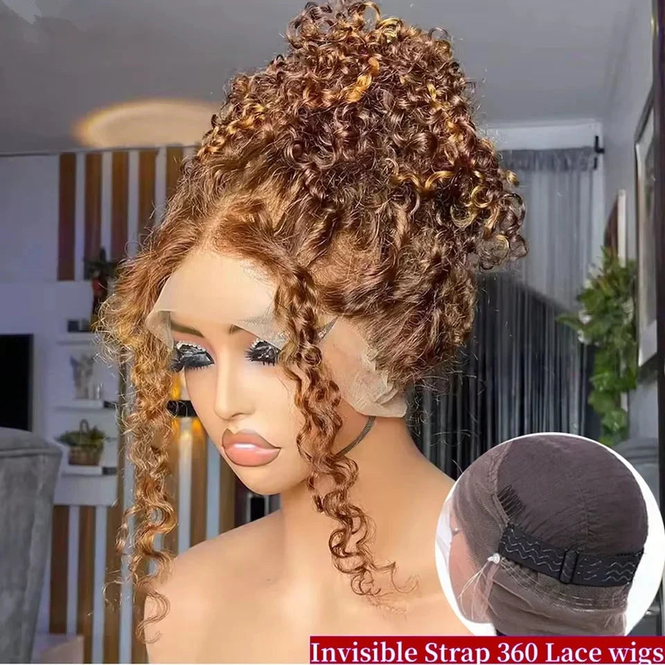 Curly Highlight Wig Human Hair HD Invisi-Strap 360 Full Lace Wig Pre Plucked 13x4 13x6  Deep Wave Lace Frontal Wigs For Women Finros Wig Store 1103412007