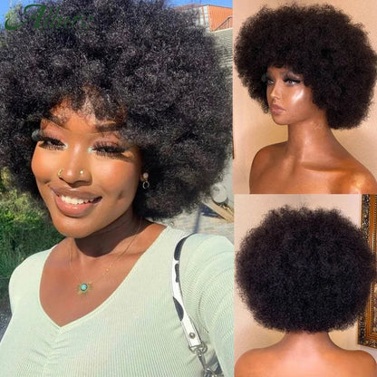 Cheap Short Fluffy Afro Curly Wigs For Women Human Hair Brazilian Hair Glueless Human Hair Afro Wigs Full Machine Made Wig Wig Queen US Store Store ID 1103587128