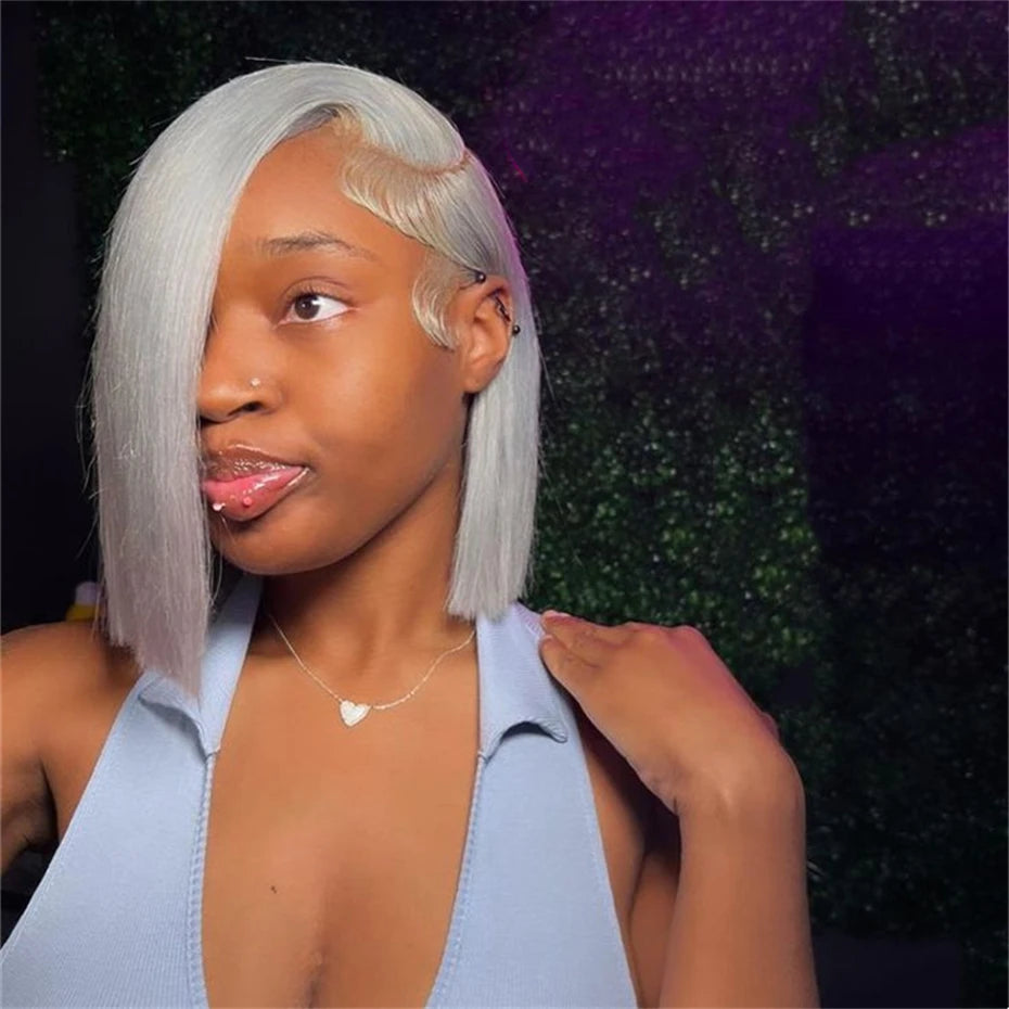 6-16 inch Short Bob Wig Human Hair 13x6 Transparent Lace Front Wig Preplucked Sliver Grey Colored Human Hair Wigs Bleached Knots Verochic Store 1104704776