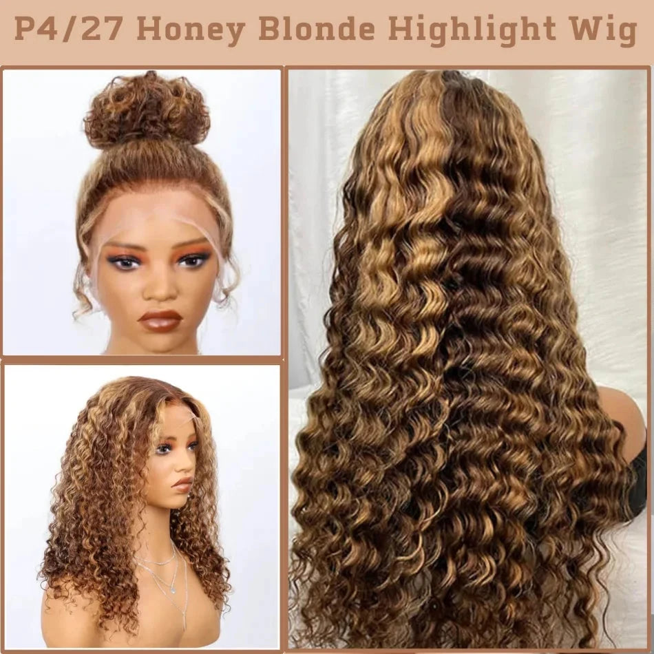 360 Full Lace Wig 427 Highlight Wig Human Hair Deep Wave Frontal Wig Honey Blonde 13X4 Curls Wigs Lace Front Frontal 250 Density SIXQUEEN Wig Store Store ID 1104602052