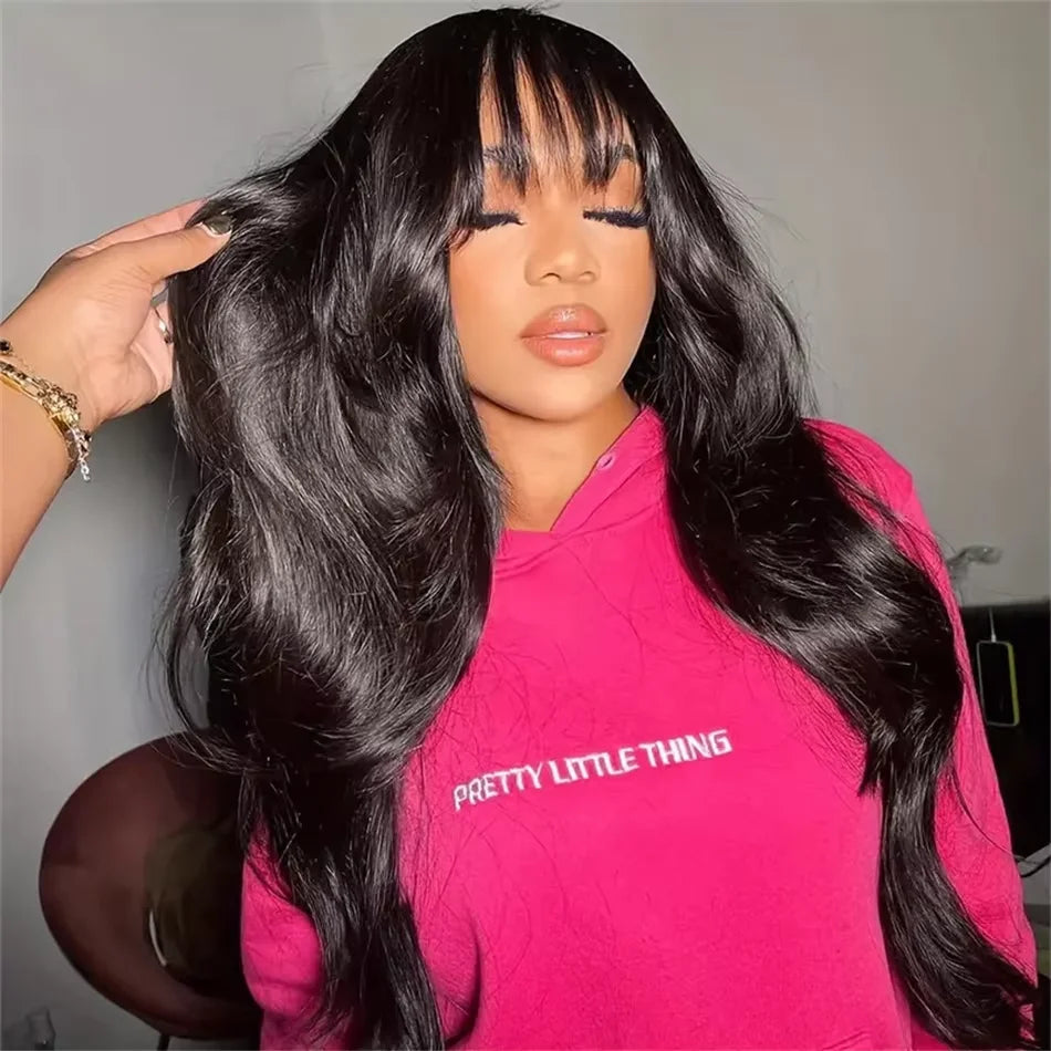 3x1 Lace Middle Part Body Wave Human Hair Wig With Bangs Brazilian Remy Loose Wave Machine Made Fringe Wig For Women on Sale Finros Wig Store 1103412007
