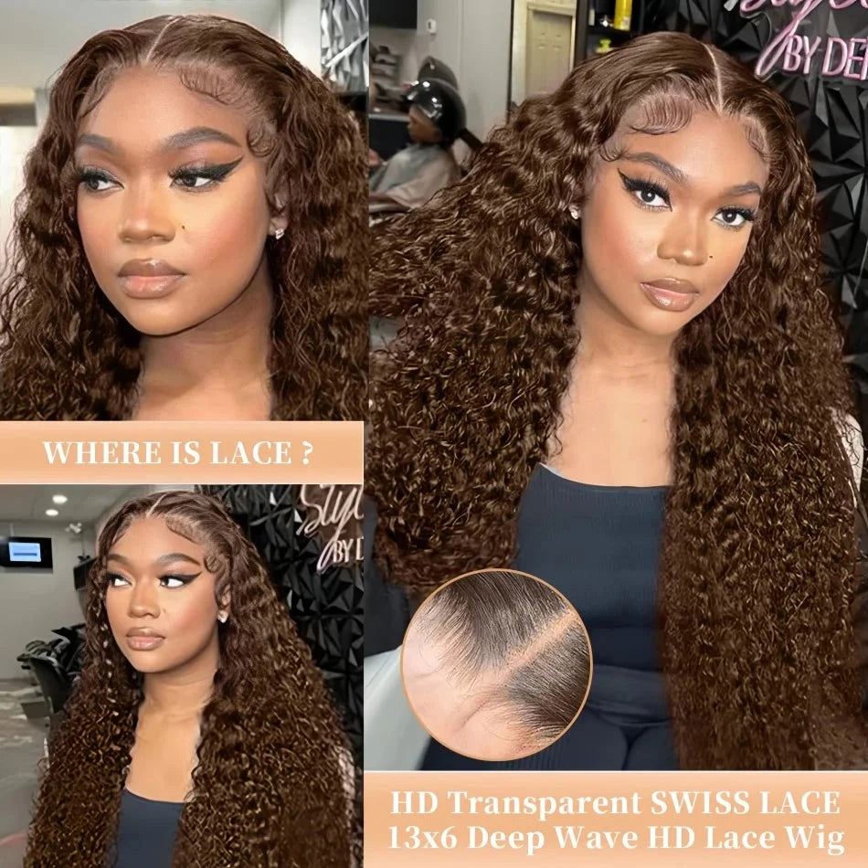 200 Density Water Wave Curly Wigs Human Hair Chocolate Brown 13x4 13x6 Hd Lace Frontal Wig 100% Colored Deep Wave Lace Front Wig Lowell Lace Wig Store 1105062522