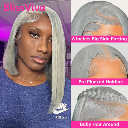 13x6 Short Bob Wigs Silver Grey Lace Front Wigs Human Hair Pre Plucked Ash Gray Blonde 613 Lace Frontal Wig Human Hair Bob Wig BlissViva Hair Store 1103372311