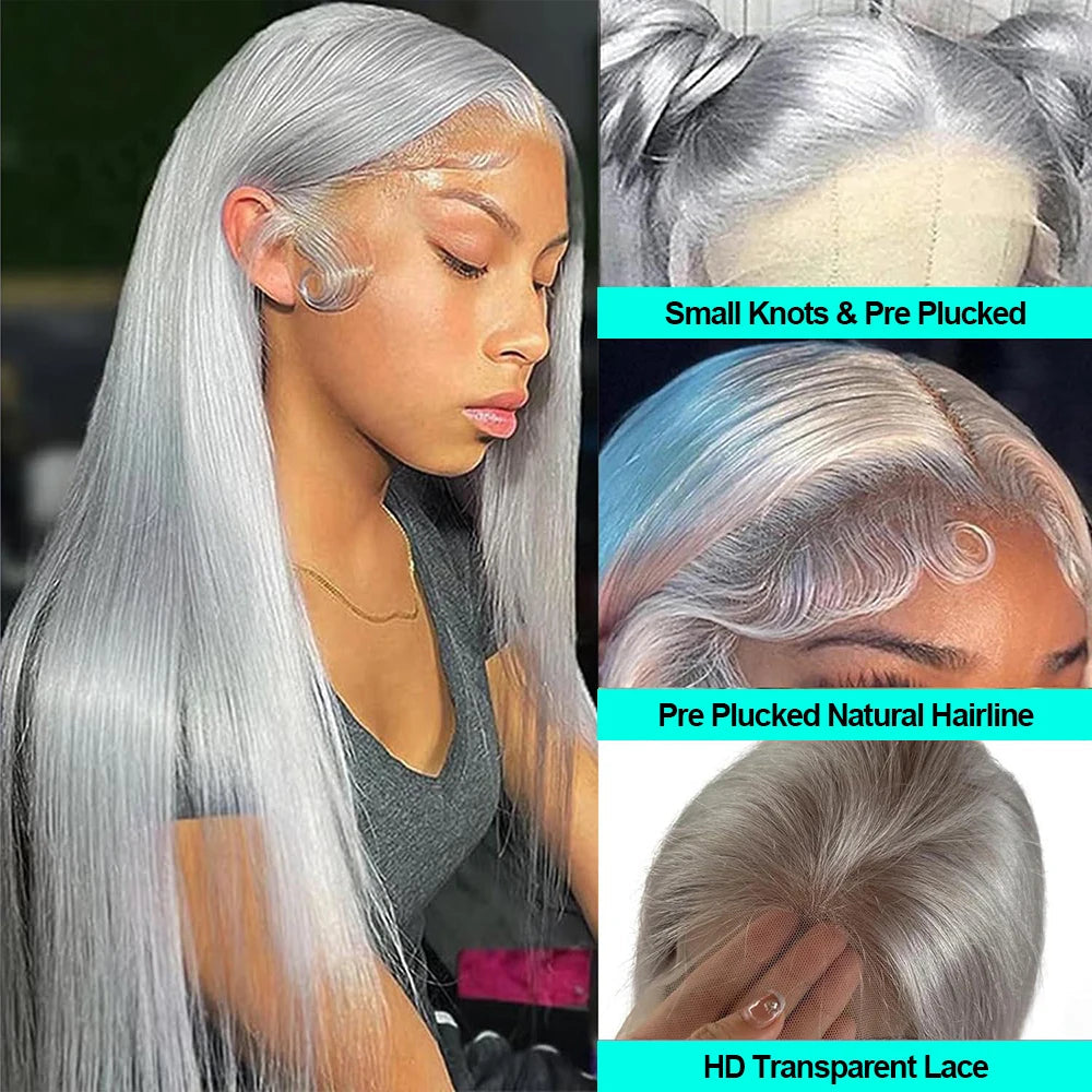 38 Inche Silver Grey Straight Lace Front Wig 100% Human Hair 613 Colored HD Transparent 13x6 Lace Frontal Wigs Cosplay Pre Pluck Fiquetel US Store Store ID 1104072973