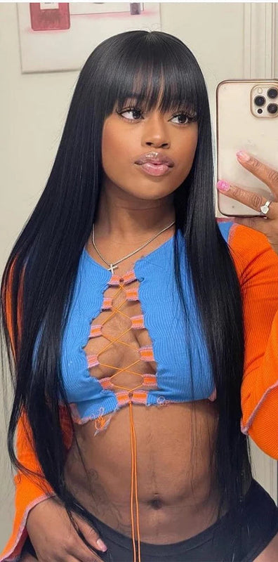 Natural Black Straight Human Hair Wig With Bangs For Women 30 34 Inch Brazilian 3x1 Lace Wigs Full Machine Made Wig Curvique Beauty Store ID 1105166499