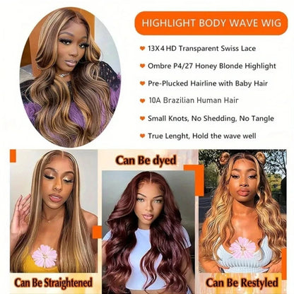 30 Inch Honey Blonde Ombre Lace Front Wig Human Hair 13x4 HD Lace Front Wig 4/27 Highlight Ombre Body Wave Lace Frontal Glueless HairStar Wigs