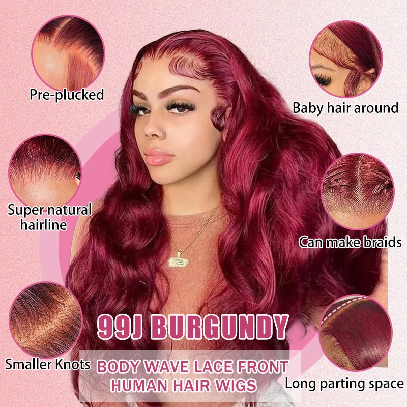 13x6 99J Burgundy Lace Front Wigs Human Hair Body Wave Transparent Lace Front Wig Human Hair Wine Red Pre Plucked With Baby Hair XCLS Beauty Hair Store Store ID 1104268357