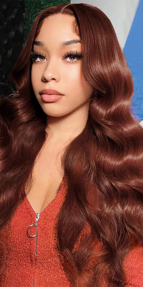 Body Wave Reddish Brown 200% Density 13x6 Frontal Wig Brazilian Virgin Hair HD Transparent Lace wig Pre plucked Hair Front Wig Wig Queen US Store Store ID 1103587128