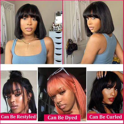 Wiggogo 3X1 Middle Part Lace Wig Bob Wigs Full Machine Made Bone Straight Human Hair Wigs With Bangs Short Bob Human Hair Wigs Wiggogo US Store Store ID 1103570610