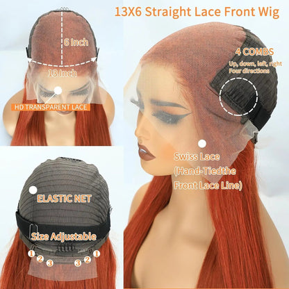 Ginger Wig Human Hair 13x6 Lace Front Wig Straight HD Transparent Pre Plucked 220% Density #350 Colored Human Hair Wig For Women HairStar Wigs