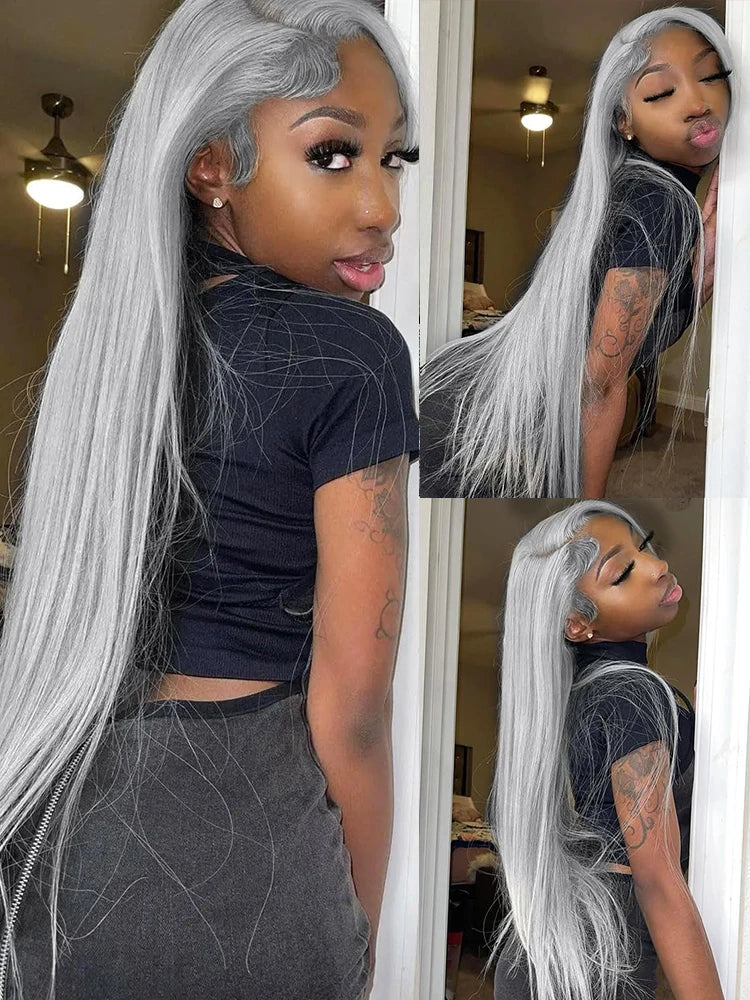 Silver Grey Straight Wigs Human Hair Vietnamese 220% Density 13x6 HD Lace Frontal Colored Wig 38 Pre Plucked With Baby Hairline Line Hair Oversea Store Store ID 1103579756