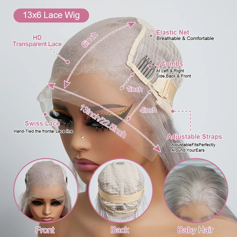 Silver Grey Straight Wigs Human Hair Vietnamese 220% Density 13x6 HD Lace Frontal Colored Wig 38 Pre Plucked With Baby Hairline Line Hair Oversea Store Store ID 1103579756