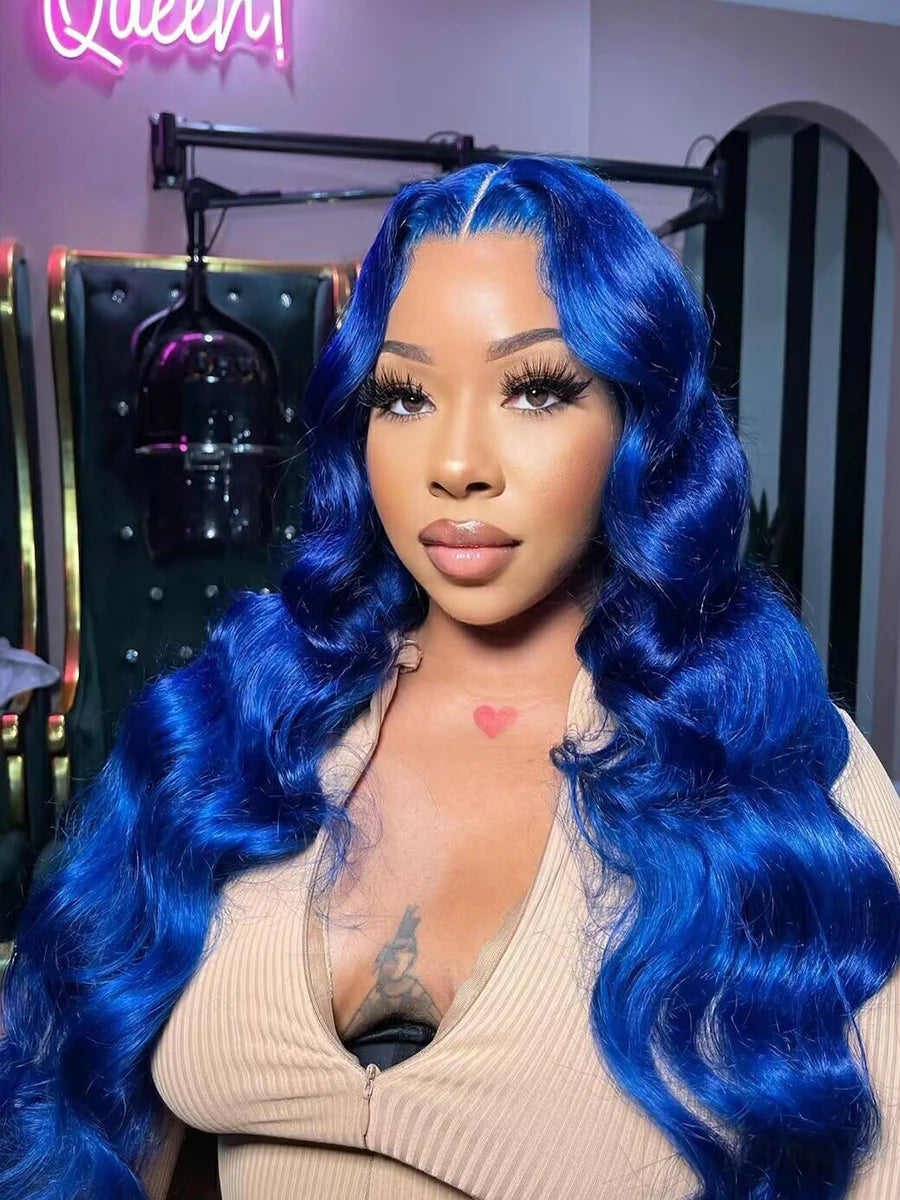 Blue 13x4 Lace Front Body Wave Human Hair Wigs Brazilian Blue Colored HD Transparent Lace Front Wigs For Women Pre Plucked HairStar Wigs