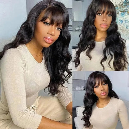 Body Wave Wig With Bangs 220 Density 3x1 middle part lace wig Brazilian Machine Made Human Hair For Black Women Daily Styling SIXQUEEN Wig Store Store ID 1104602052
