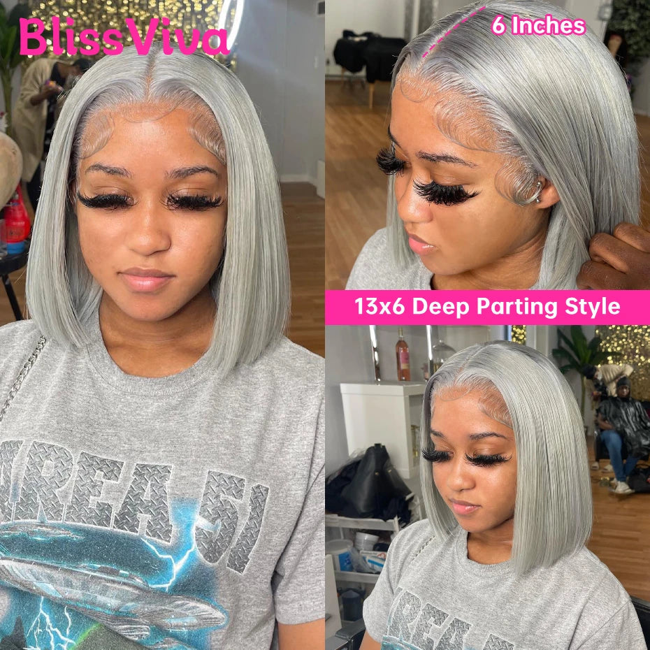 13x6 Short Bob Wigs Silver Grey Lace Front Wigs Human Hair Pre Plucked Ash Gray Blonde 613 Lace Frontal Wig Human Hair Bob Wig BlissViva Hair Store 1103372311